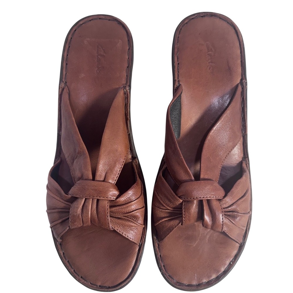 Clarks Brown Leather Knotted Wedge Slide Sandals Womens Open Toe Low Heel Size 9
